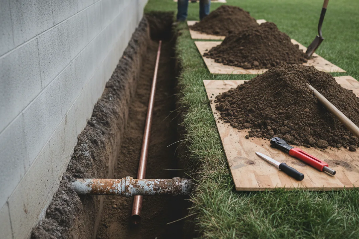 Excavated water line trench during Water Softener Installation in Milo